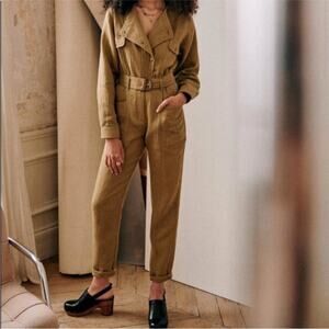 NWT Sezane Quilted Linen Cotton Hailey Jumpsuit in Olive Khaki - Size 34 (US 2)